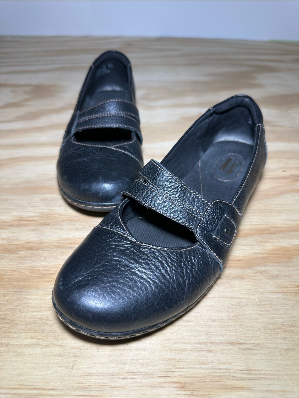 Clarks Black Leather Mary Jane Flats with Strap